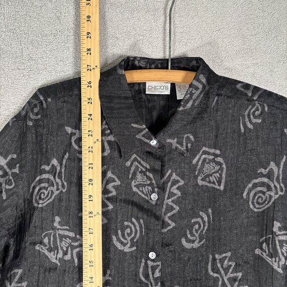 Chicos Top Women’s Size 2 (L) Black Linen Blend Artsy Boho‎ Artistic Abstract - Picture 7 of 14
